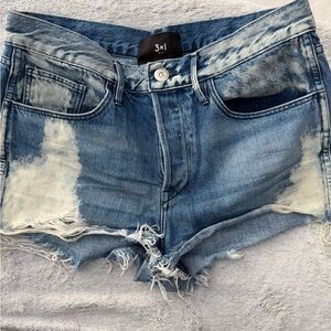 3x1 Faded Blue Jean Shorts with Frayed Hem